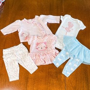 0-3 months 5 pc lot 2 pants onesie two tops infant girl ballerina cats bundle